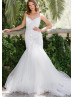 Beaded Spaghetti Straps White Lace Tulle Elegant Wedding Dress